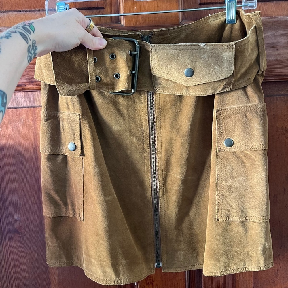 Y2K INC Genuine Suede Leather Mini Skirt Brown Utility Cargo Belted Size 6